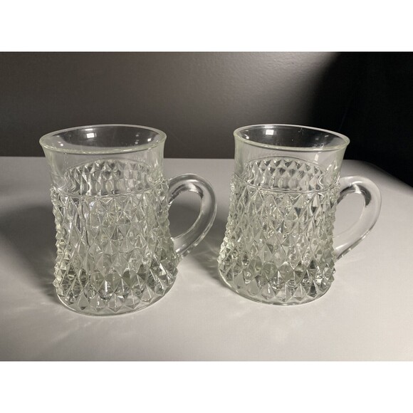 Vintage Indiana Glass Mugs (Set of 2) Diamond Point Pattern • Tankards - Picture 1 of 5
